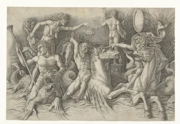 Battle of the Sea Gods, med Envy (Invidia) til venstre Kamp mellem satyrer, der rider på hippocampi, og gammel kvinde som personificering af misundelse, der står på ryggen af ​​dragen Slaget ved havguderne