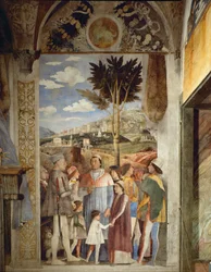 Lodovico Gonzaga venter på, at hans søn, kardinal Francesco Gonzaga, vender tilbage fra Rom (fresko)