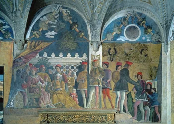 Marchese Ludovico Gonzaga III, hans kone Barbara af Brandenburg, deres børn, hoffolk og deres hund Rubino, fra Camera degli Sposi eller Camera Picta, 1465-74