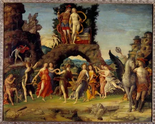Mars og Venus eller Parnasset. Maleri, der forestiller Mars og Venus på klippen, Pegasus og Merkur, Apollon og de ni muser Kalliope (episk poesi), Clio (historie), Erato (lyrisk kunst), Euterpe (musik), Melpomene (tragedie), Polyhymnia (retorik)