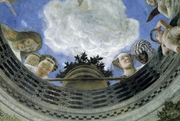 Oculus i loftet i Ægtefællernes Kammer, Dogepaladset i Mantova, Italien (Camera degli Sposi, Palazzo Ducale, Mantova): detalje med allegoriske figurer og putti. Fresko af Andrea Mantegna (1431-1506)