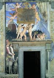 Putti med sommerfuglevinger, der bærer dedikationstavlen, med jagthunde og deres førere nedenunder, fra Camera degli Sposi eller Camera Picta, 1465-74 (detalje af 78449)