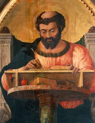 Sankt Lukas ved hans skrivebord, detalje fra altertavlen af Sankt Lukas af Andrea Mantegna (1431-1506), tempera på træ