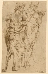 To stående mandsfigurer (recto); En liggende mand og andre studier (verso)