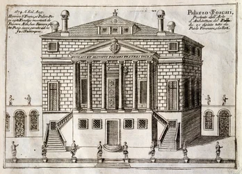 Hovedfacade på Villa Foscari, kendt som La Malcontenta, Mira, tegnet af Andrea Palladio (1508-1580), stik fra Langs Brenta-kanalen, næsten en bydel i Venedig, af Vincenzo Coronelli (1650-1718), Venedig