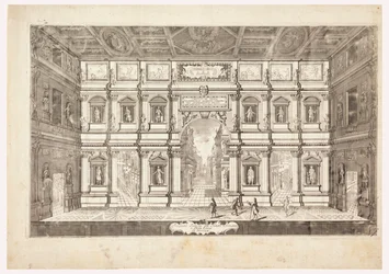 Indvendig forhøjning af det olympiske teater i byen Vincenza (udsigt over scenen i Teatro Olimpico i Vicenza)