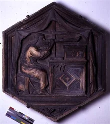 Musik, sekskantet dekorativ reliefflise fra en serie, der forestiller de syv liberale kunster, muligvis baseret på design af Giotto (ca. 1266-1337) ca. 1334-48 (marmor)