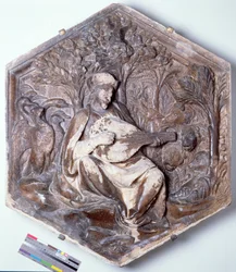 Poesi, sekskantet dekorativ reliefflise fra en serie af de syv liberale kunstarter, muligvis baseret på tegninger af Giotto (ca.1266-1337) ca.1334-48 (marmor)