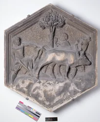 The Art of Agriculture, sekskantet dekorativ reliefflise fra en serie, der forestiller udøverne af kunst og videnskab, muligvis baseret på design af Giotto (ca. 1266-1337) ca. 1334-1348 (marmor)
