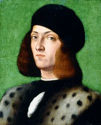 Portræt af en ung herre, med brystlængde, iført sort kasket og sort frakke, 1506