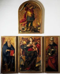 Polyptykon med Madonna og hellige, af Andrea Sabatini da Salerno (1480-1530), maleri på træ.