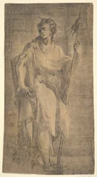 En helgen, muligvis Matthæus, holder en stav og en bog, ca. 1540-50.