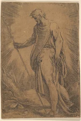 En apostel holder en stav vendt mod venstre, ca. 1540-60.