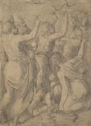 Moses viste vagtlerne til israelitterne miraklet med vagtler og manna, ca. 1545.