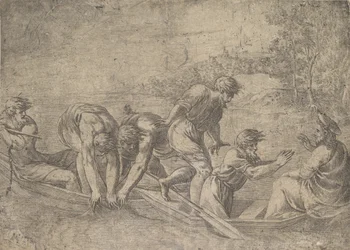 Fiskenes mirakuløse udkast, Kristus til højre ledsaget af apostle i..., ca.1548-52.