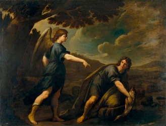Englen og Tobias med fisken - Maleri af Andrea Vaccaro (1604-1670), olie på lærred (199,5x262 cm), ca. 1640, italiensk kunst