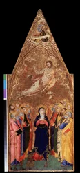 ""Kristi himmelfart"" Nedenfor ser Jomfru Maria og apostlene Jesus Kristus. Ovenfor en repræsentation af profeten Jeremias. Tempera på træ af Andrea Vanni (1332-1414) 1355-1360 Dim. 68x28 cm Eremitagemuseet, Sankt Petersborg (Saint-Petersbo