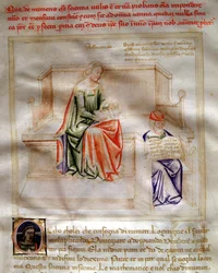 Allegorier af Arithmetique i "" Chansonne des sept Vertus et des sept Arts liberales bestemt til Bruzio Visconti "(Sangen om dyder og videnskaber) af Bartolomeo di Bartoli. Akvarel af Andrea di Bartoli (aktiv mellem 1358 og 1368) (ms. 599,