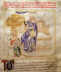 Allegorier for astrologi eller astronomi i "" Song of the Seven Vertus and the Seven Liberal Arts bestemt til Bruzio Visconti "(Sangen om dyder og videnskaber) af Bartolomeo di Bartoli. Akvarel af Andrea di Bartoli (aktiv mellem 1358 og