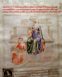 Allegorier af Grammaire i "" Chansonne des sept Vertus et des sept Arts liberales bestemt til Bruzio Visconti "(Sangen om dyder og videnskaber) af Bartolomeo di Bartoli. Akvarel af Andrea di Bartoli (aktiv mellem 1358 og 1368) (ms. 599, fo