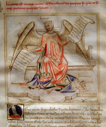 Allegori om velgørenhed ailee, der træder Herode I den Store for fødderne i "" Song of the Seven Vertus and the Seven Liberal Arts destinee for Bruzio Visconti" (La Canzone delle Virtu e delle Scienze) af Bartolomeo di Bartoli. Akvarel af Andrea di Bartoli