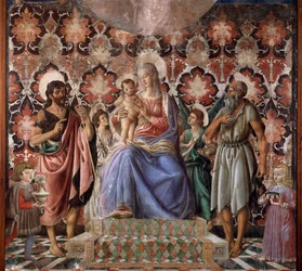 Jomfru med barn med den hellige Johannes Døber og en anden helgen, to engle og to børn af Pazzi-familien Fresco af Andrea del Castagno (1421-1457) Firenze, Palazzo Pitti