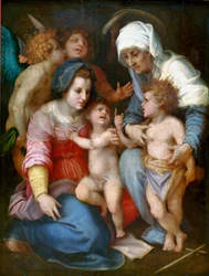 Madonna og barn med Saint Elizabeth, Saint John og to engle Maleri på træ af Andrea del Sarto (1486-1530) 1515-1516 Søn. 141x106 cm Paris, Musée du Louvre