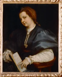 Portræt af en pige med Petrarchino, en lille udgave af digte af Petrarca (maleri på træ)