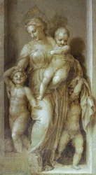 Repræsentation af velgørenhed, detaljer fra Stories of St John af Andrea del Sarto (1486-1530), fresko i monokrom Cloister of Scalzo, Firenze