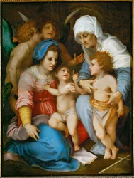 Den hellige familie. Sankt Maria, Jesus, Sankt Johannes Døber og hans mor Sankt Elisabeth ...