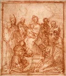 "Madonna og barn på tronen med otte hellige" (Madonna på tronen med barn og otte helgener (Kompositionsstudie)) Sanguinetegning af Andrea del Sarto (1486-1531) 1528 Sanguine på papir Dim 15,6x13,5 cm Staatliche Museen, Berlin
