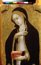 ""Bebudelsens jomfru"" (Virgin Annunciate) Tempera på træ af Andrea di Bartolo (1389-1428) omkring 1410 Pushkin Museum, Moskva