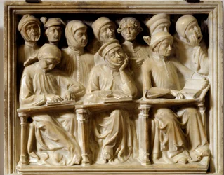 Begravelsesbue af Bartolomeo da Saliceto: studerende, der deltager i et kursus (skulptur