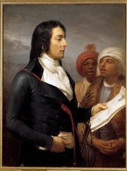 Kampagne (Ekspedition) af Egypten (1798-1801): "" Portræt af general Charles Antoine Desaix de Veygoux (1768-1800) læser general Bonapartes dagsorden for to egyptere under Egyptens ekspedition En IX af republikken""" Maleri af Andrea Appiani