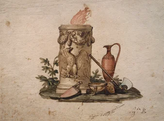Søjleformet fyrfad, dekoreret med festoner og ørn, med skærevåben, kop og amfora, maleri af Andrea Appiani (1754-1817), Italien