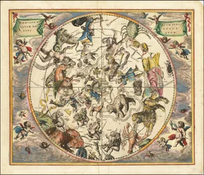 Himmelkort fra 1660, der illustrerer konstellationerne på den nordlige halvkugle overlejret på jordens sydlige halvkugle.