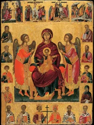 Jomfruen og barnet på tronen (med to engle er scenen indrammet af evangelisternes og helgenernes skikkelser, overvundet af passionens scener og nedenunder, kirkens patriarker) (Jomfruen og barnet på tronen) - Ikon af Andreas