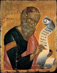Sankt Johannes evangelisten skriver sine åbenbaringer - ikon af Andreas Ritzos (1421-1492), tempera på træ (24x23,4 cm), ca. 1455 - Benaki Museum, Athen (Grækenland)