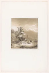 Vinterlandskab med fyrretræer og en mand med en slæde