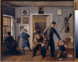 I skole. En landskolelærer tager en dreng ved øret i klasseværelset, hvor andre drenge laver sjove ansigter og grimasser. Maleri af Andrei Andreyevich Popov (1832-1896), olie på lærred