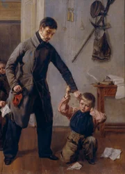 I skole. En landskolelærer tager en dreng ved øret i klasseværelset, hvor andre drenge laver sjove ansigter og grimasser. Maleri af Andrei Andreyevich Popov (1832-1896), detalje, olie på lærred