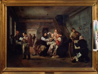Et værtshus. (Scene omkring de dækkede borde, folk drikker te, en ung ekspedient læser et trykt ark, en gammel mand viser graveringer til en amatør, ryger pibe). Maleri af Andrei Andreyevich Popov (1832-1896), olie på lærred