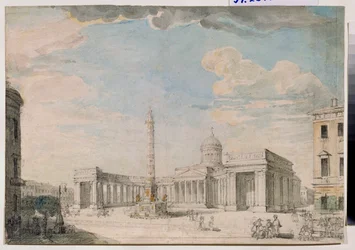 La cathedrale Notre Dame de Kazan (Notre-Dame-de-Kazan) a Sankt Petersborg (Kazan-katedralen i Skt. Petersborg) - Værk af Andrei Nikiforovich Voronikhin (Voronikhine) (1759-1814), blyant og akvarel på papir, omkring 1800, Russisk kunst 18.-19. århundrede, 