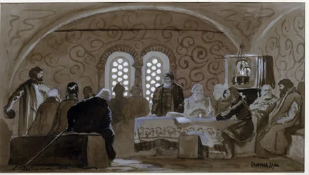 Dumaen på Boyarernes tid (boiards, boiars) (The Boyar Duma). Rådgivende råd for prinser af Kievan Rus (Ruthenia) på tidspunktet for zar Michael I af Rusland (1596-1645). Værk af Andrei Petrovich Ryabushkin (Riaboutchkine) (1861-1904), aquare