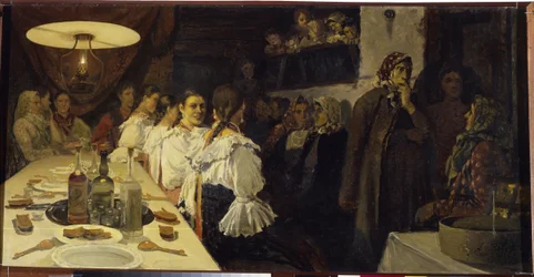 Venter på brudeparrets tilbagevenden fra en kirke i Novgorod-provinsen. Maleri af Andrei Petrovich Ryabushkin (Riabutchkin) (1861-1904), olie på lærred