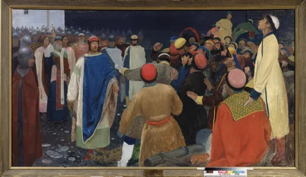 Prins Gleb Sviatoslavitch (død 1079) dræber en volkhve (slavisk spådomsmagiker) ved en veche i Novgorod. Maleri af Andrei Petrovich Ryabushkin (Riabutchkin) (1861-1904), olie på lærred