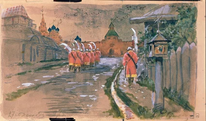 Gadepatrulje ved Ilyinsky-porten i det gamle Moskva. Værk af Andrei Petrovich Ryabushkin (Riaboutchkine) (1861-1904), akvarel på papir