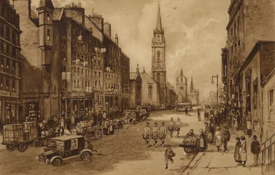 Edinburgh: High Street, der ser mod Tron Church og St Giles Cathedral (litho)