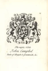 Våbenskjold og våbenskjold af den højre adelige John Campbell, 2. hertug af Argyll og Greenwich,