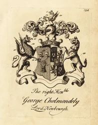Våbenskjold for den højre ærede George Cholmondely, Lord Newbourgh, 2. jarl af Cholmondeley
